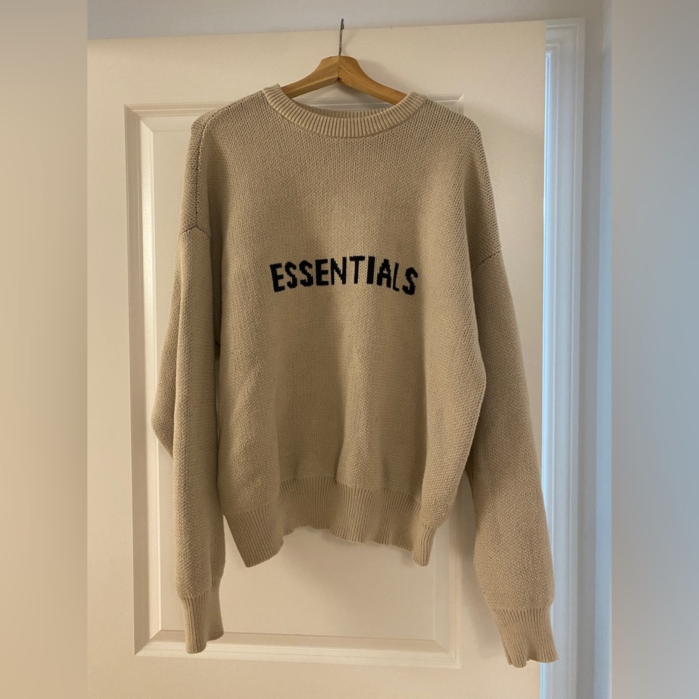 Essentials Beige Crewneck Sweater with Black Logo